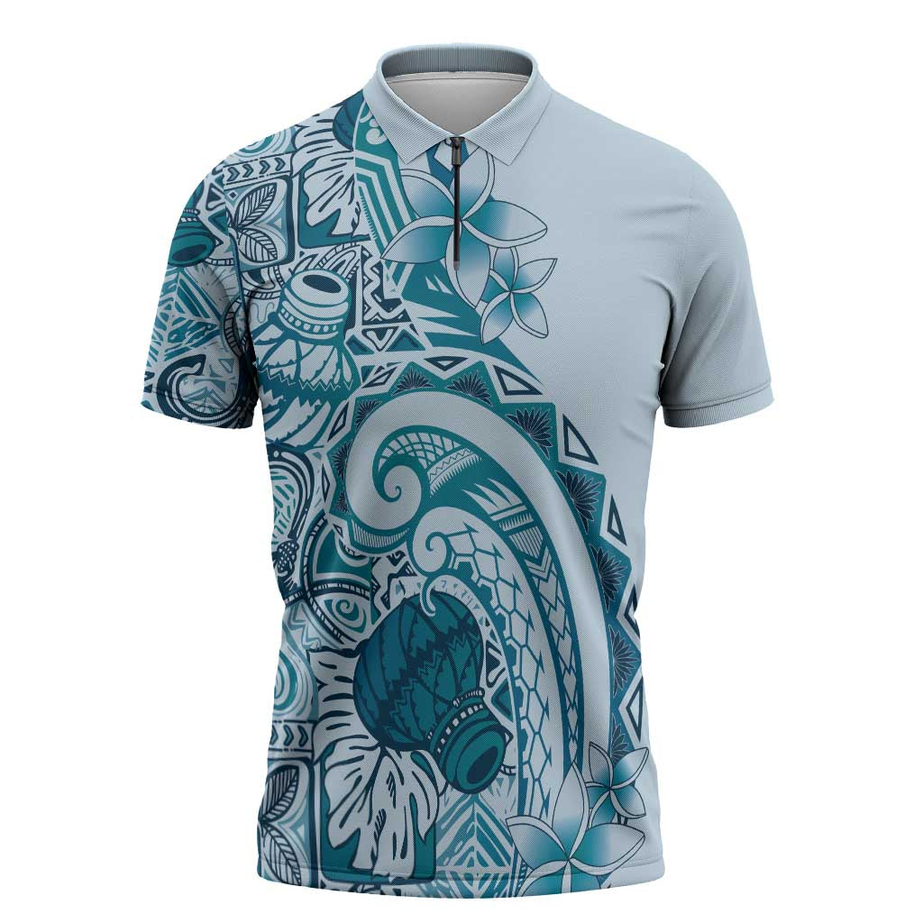 Aloha Hawaii Tapa Zipper Polo Shirt Cool Turquoise Hawaiian Ipu - Polynesian Pride