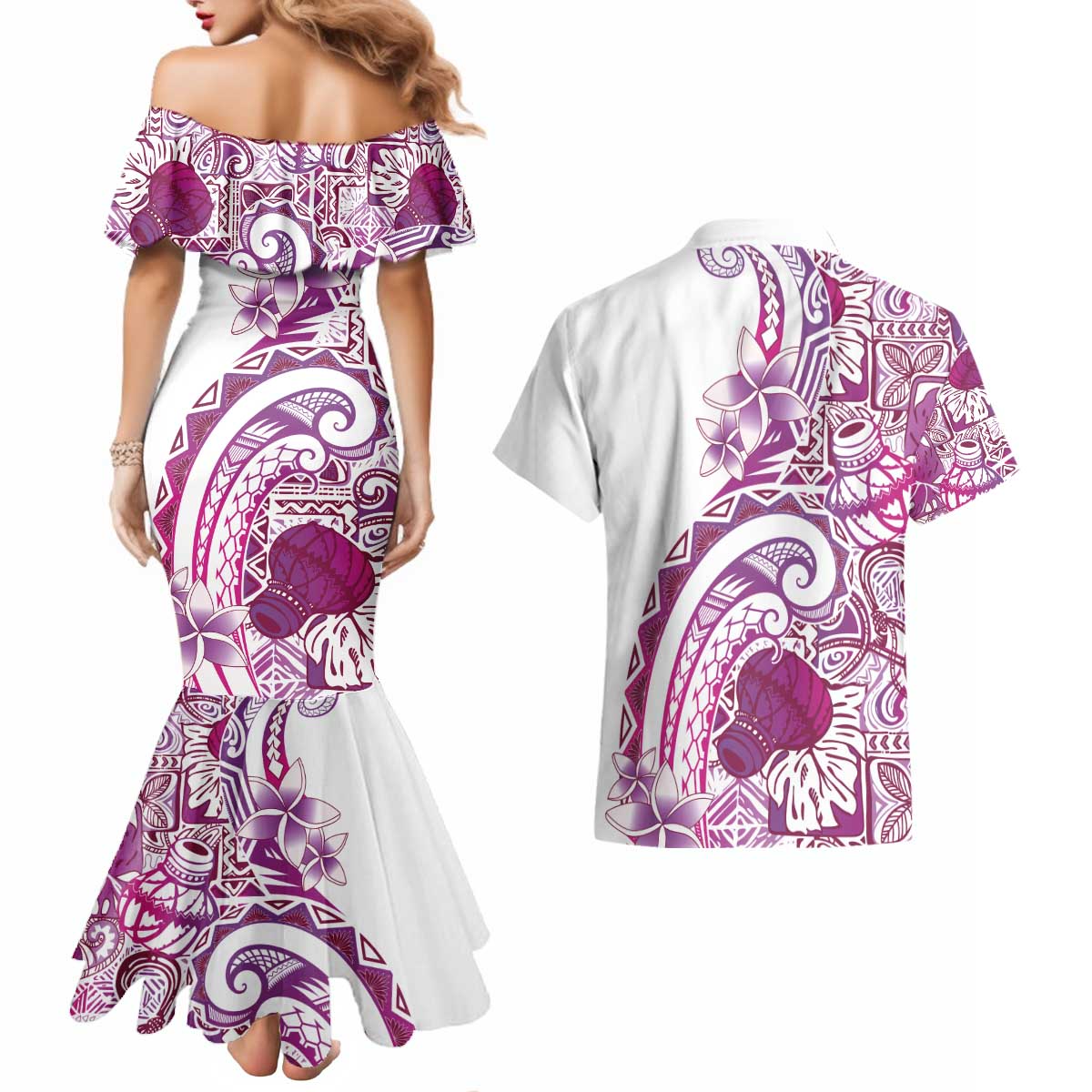 Aloha Hawaii Tapa Couples Matching Mermaid Dress and Hawaiian Shirt Vibrant Fuchsia Hawaiian Ipu - Polynesian Pride
