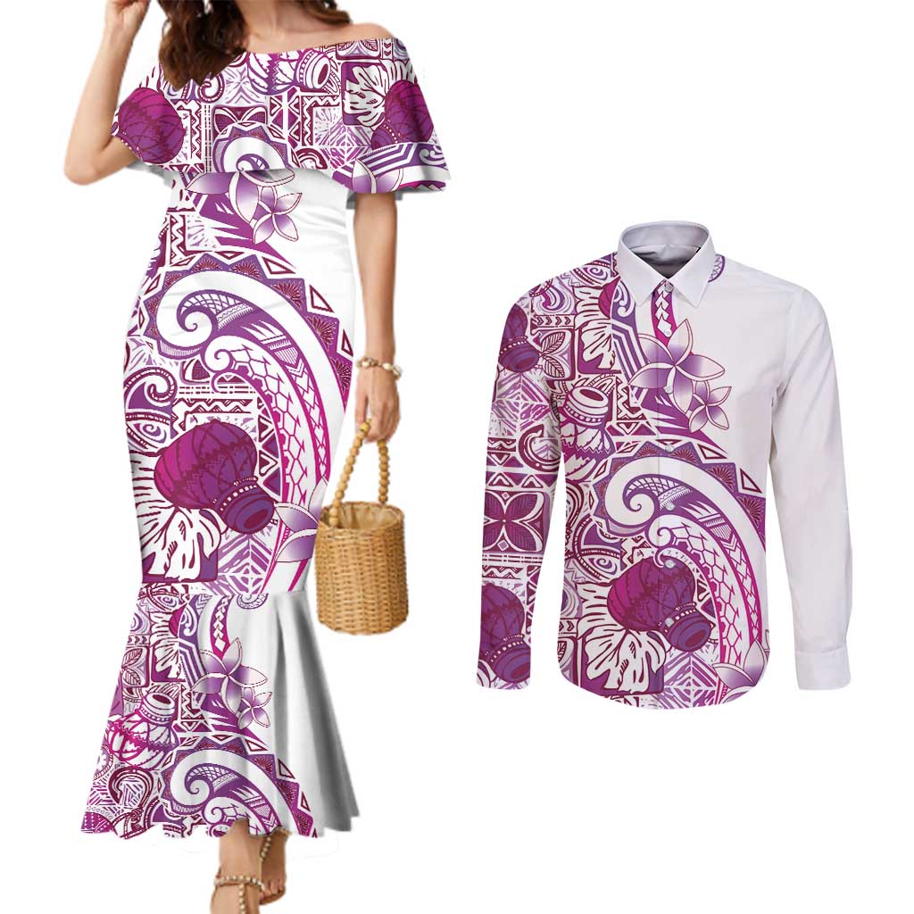 Aloha Hawaii Tapa Couples Matching Mermaid Dress and Long Sleeve Button Shirt Vibrant Fuchsia Hawaiian Ipu - Polynesian Pride