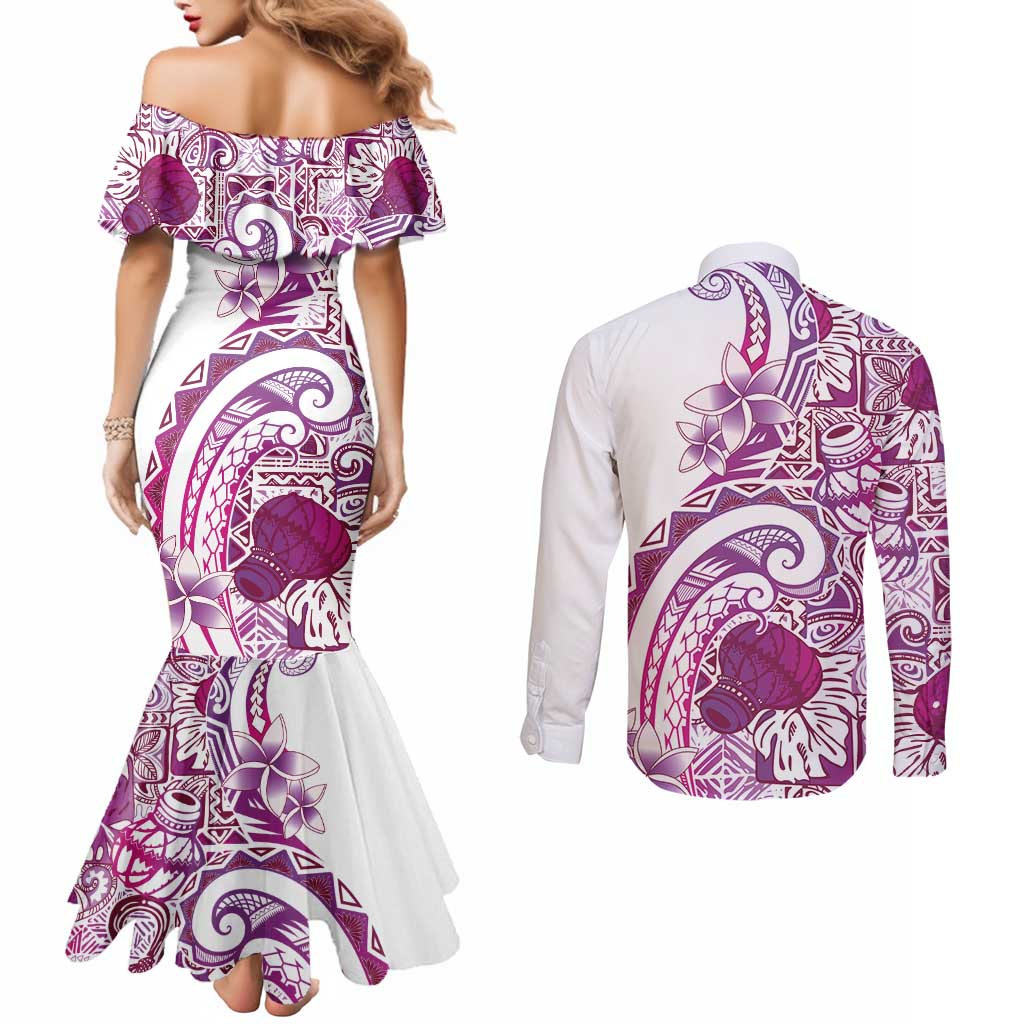Aloha Hawaii Tapa Couples Matching Mermaid Dress and Long Sleeve Button Shirt Vibrant Fuchsia Hawaiian Ipu - Polynesian Pride