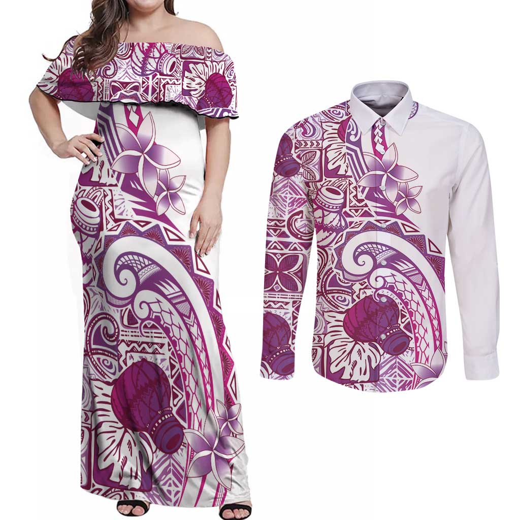 Aloha Hawaii Tapa Couples Matching Off Shoulder Maxi Dress and Long Sleeve Button Shirt Vibrant Fuchsia Hawaiian Ipu - Polynesian Pride