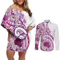 Aloha Hawaii Tapa Couples Matching Off Shoulder Short Dress and Long Sleeve Button Shirt Vibrant Fuchsia Hawaiian Ipu - Polynesian Pride
