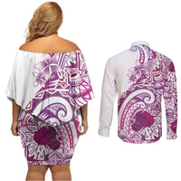 Aloha Hawaii Tapa Couples Matching Off Shoulder Short Dress and Long Sleeve Button Shirt Vibrant Fuchsia Hawaiian Ipu - Polynesian Pride