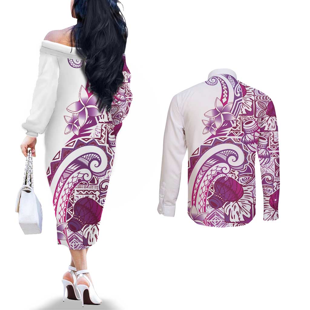 Aloha Hawaii Tapa Couples Matching Off The Shoulder Long Sleeve Dress and Long Sleeve Button Shirt Vibrant Fuchsia Hawaiian Ipu - Polynesian Pride