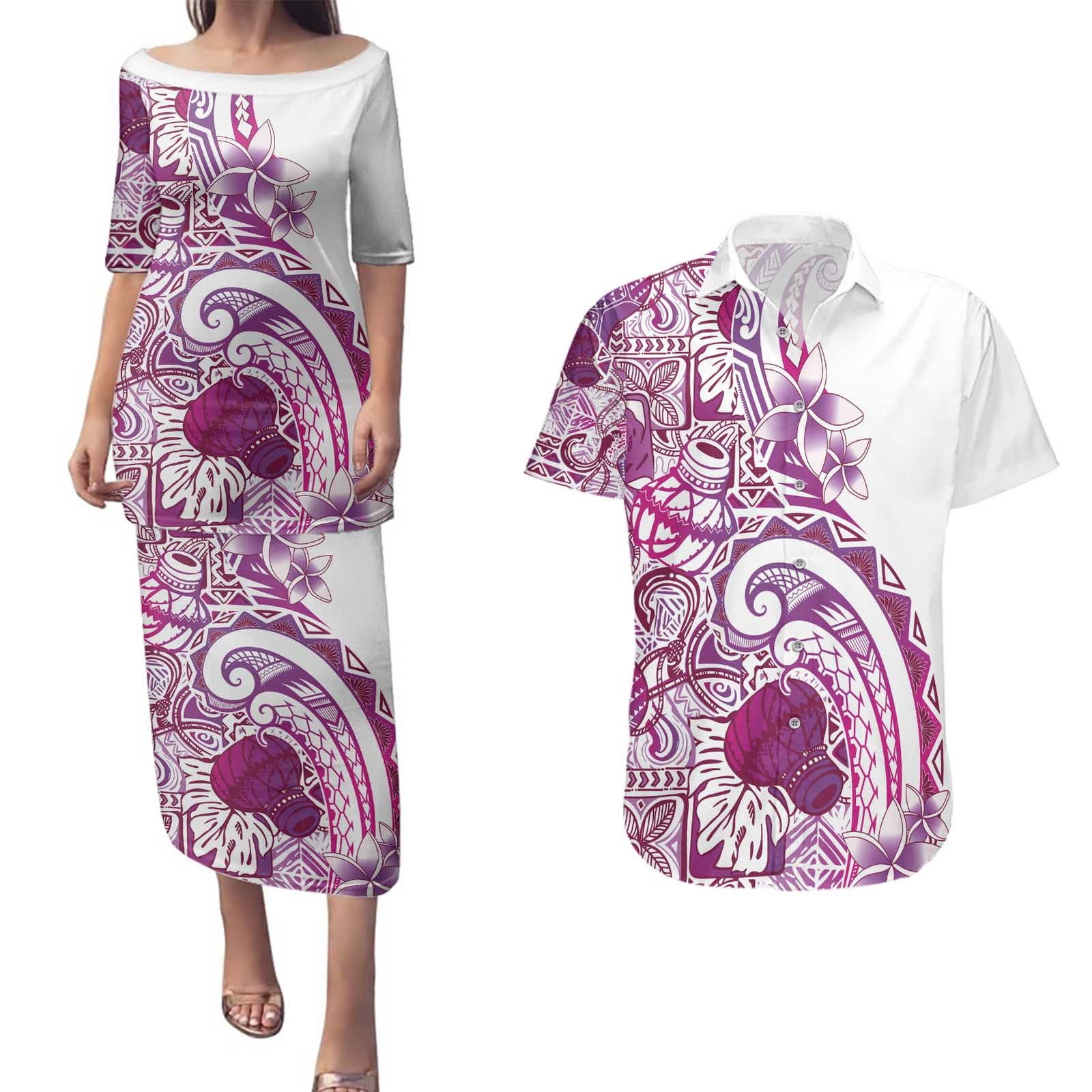 Aloha Hawaii Tapa Couples Matching Puletasi and Hawaiian Shirt Vibrant Fuchsia Hawaiian Ipu - Polynesian Pride