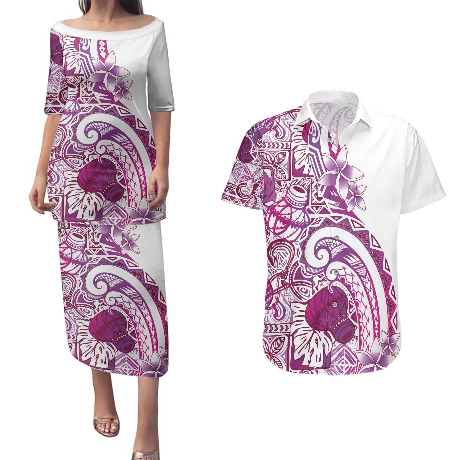 Aloha Hawaii Tapa Couples Matching Puletasi and Hawaiian Shirt Vibrant Fuchsia Hawaiian Ipu - Polynesian Pride