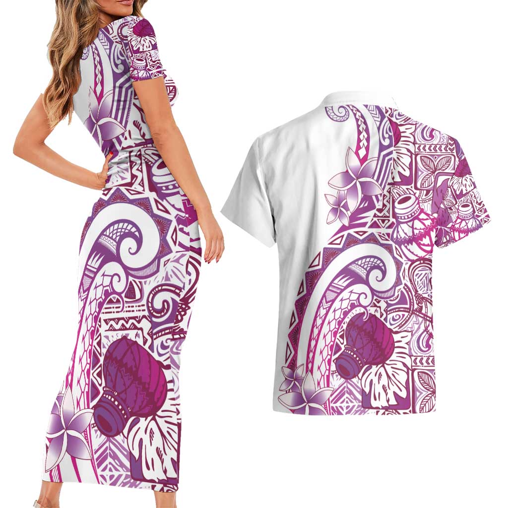 Aloha Hawaii Tapa Couples Matching Short Sleeve Bodycon Dress and Hawaiian Shirt Vibrant Fuchsia Hawaiian Ipu - Polynesian Pride