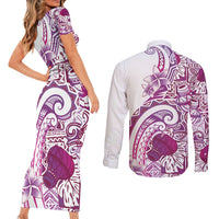 Aloha Hawaii Tapa Couples Matching Short Sleeve Bodycon Dress and Long Sleeve Button Shirt Vibrant Fuchsia Hawaiian Ipu - Polynesian Pride