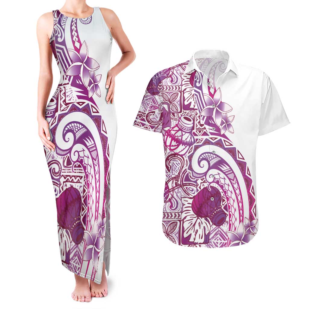 Aloha Hawaii Tapa Couples Matching Tank Maxi Dress and Hawaiian Shirt Vibrant Fuchsia Hawaiian Ipu - Polynesian Pride