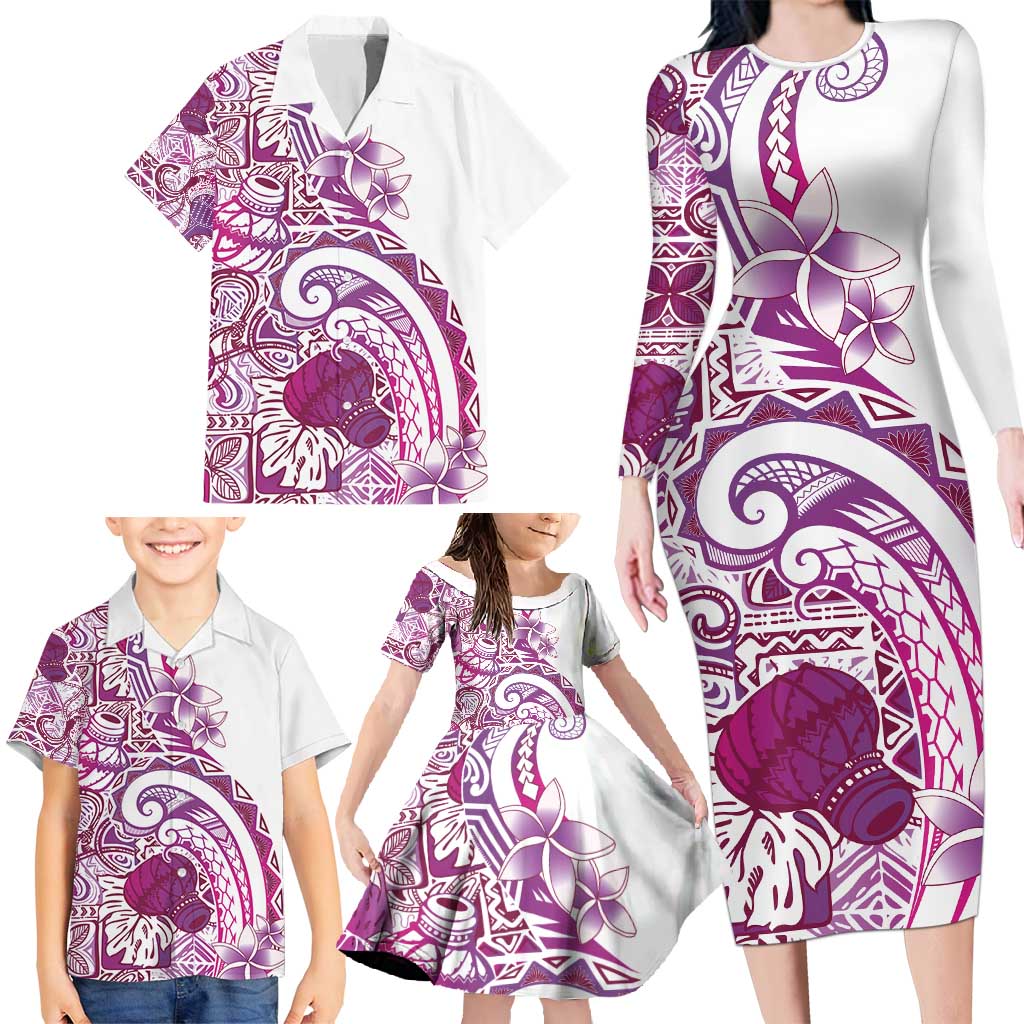 Aloha Hawaii Tapa Family Matching Long Sleeve Bodycon Dress and Hawaiian Shirt Vibrant Fuchsia Hawaiian Ipu - Polynesian Pride