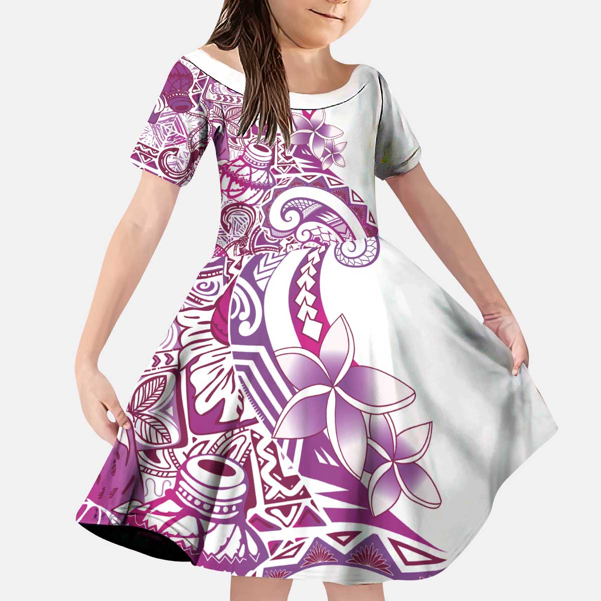 Aloha Hawaii Tapa Kid Short Sleeve Dress Vibrant Fuchsia Hawaiian Ipu LT7 KID Fuchsia - Polynesian Pride