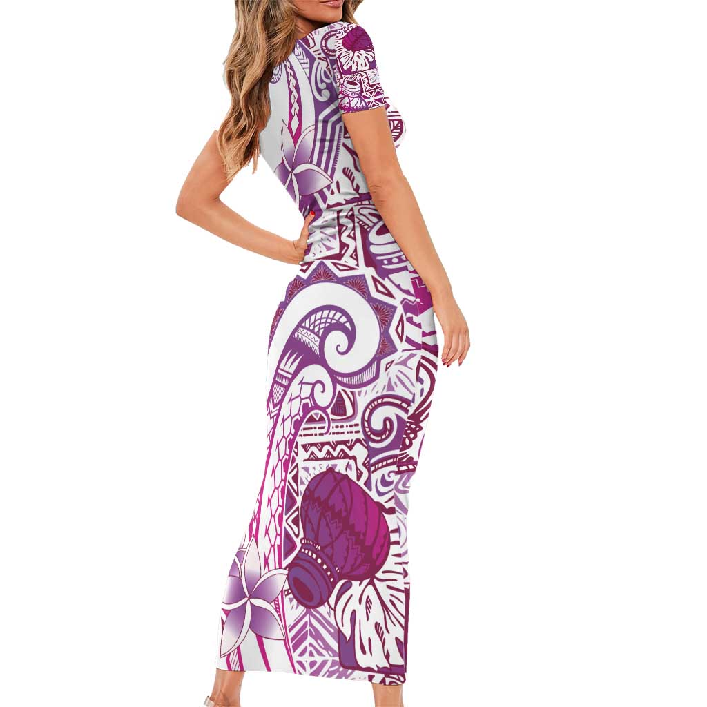 Aloha Hawaii Tapa Short Sleeve Bodycon Dress Vibrant Fuchsia Hawaiian Ipu - Polynesian Pride