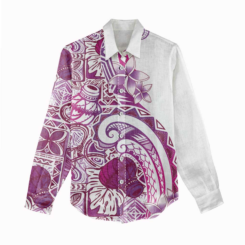 Aloha Hawaii Tapa Women Casual Shirt Vibrant Fuchsia Hawaiian Ipu - Polynesian Pride