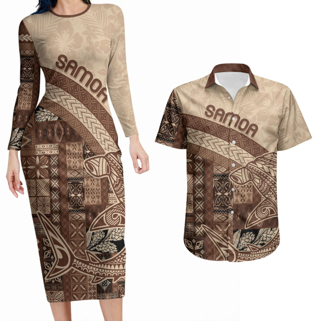 Samoa Mamanu Siapo Mocha Couples Matching Long Sleeve Bodycon Dress and Hawaiian Shirt Tatau Malie LT7 Beige - Polynesian Pride