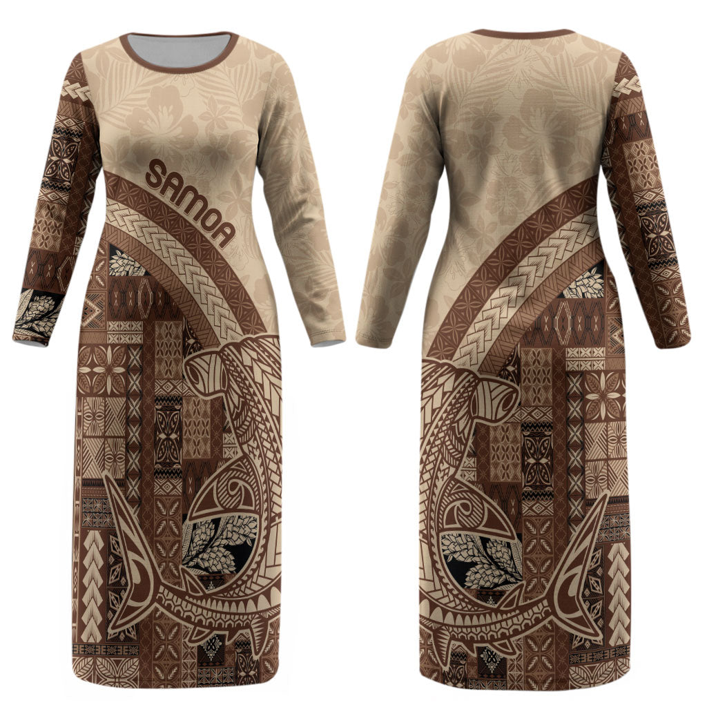 Samoa Mamanu Siapo Mocha Couples Matching Long Sleeve Bodycon Dress and Hawaiian Shirt Tatau Malie