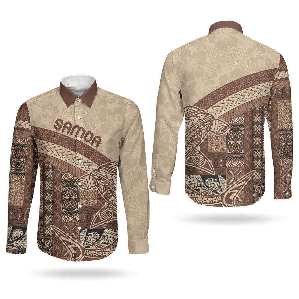 Samoa Mamanu Siapo Mocha Couples Matching Mermaid Dress and Long Sleeve Button Shirt Tatau Malie