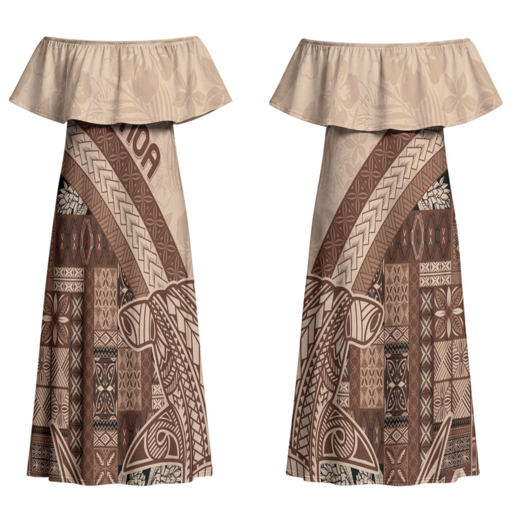 Samoa Mamanu Siapo Mocha Couples Matching Off Shoulder Maxi Dress and Hawaiian Shirt Tatau Malie