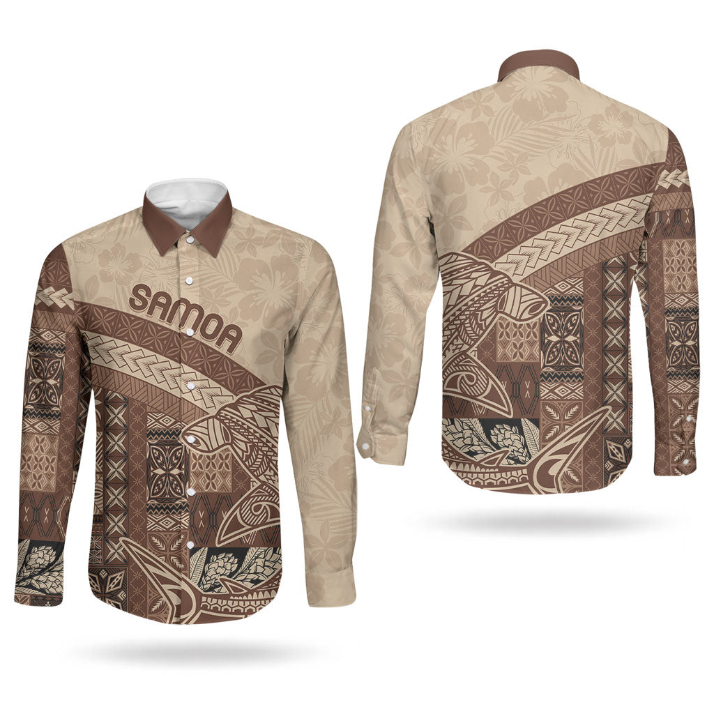 Samoa Mamanu Siapo Mocha Couples Matching Off Shoulder Maxi Dress and Long Sleeve Button Shirt Tatau Malie