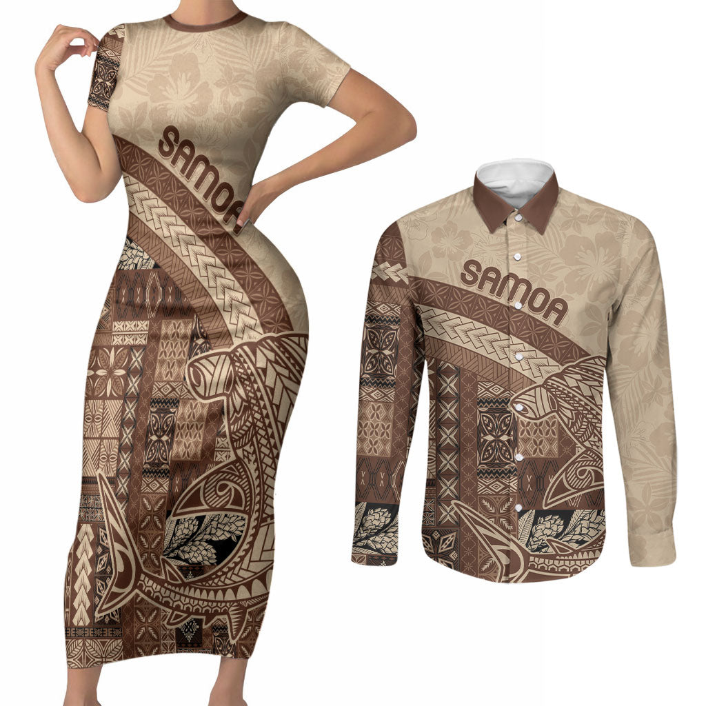 Samoa Mamanu Siapo Mocha Couples Matching Short Sleeve Bodycon Dress and Long Sleeve Button Shirt Tatau Malie