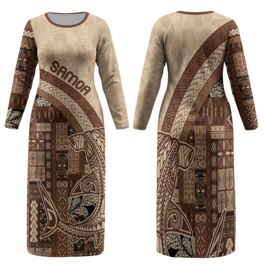 Samoa Mamanu Siapo Mocha Family Matching Long Sleeve Bodycon Dress and Hawaiian Shirt Tatau Malie LT7 Mom's Dress Beige - Polynesian Pride
