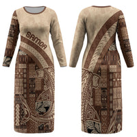 Samoa Mamanu Siapo Mocha Family Matching Long Sleeve Bodycon Dress and Hawaiian Shirt Tatau Malie LT7 Mom's Dress Beige - Polynesian Pride