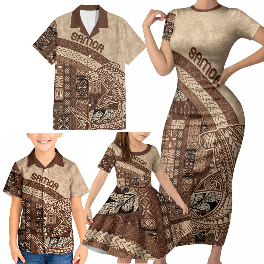 Samoa Mamanu Siapo Mocha Family Matching Short Sleeve Bodycon Dress and Hawaiian Shirt Tatau Malie LT7 - Polynesian Pride