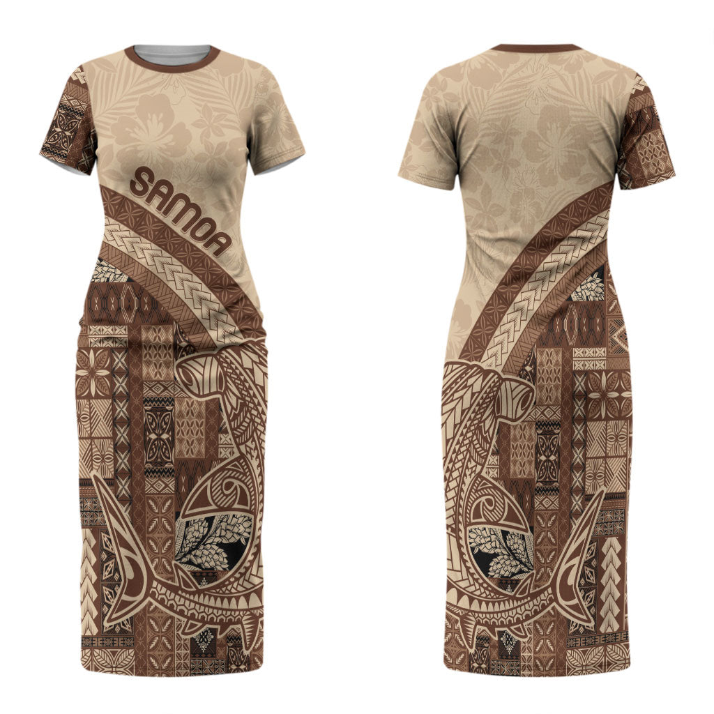 Samoa Mamanu Siapo Mocha Family Matching Short Sleeve Bodycon Dress and Hawaiian Shirt Tatau Malie LT7 Mom's Dress Beige - Polynesian Pride