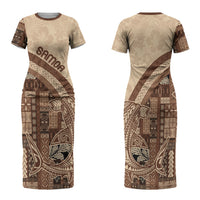 Samoa Mamanu Siapo Mocha Family Matching Short Sleeve Bodycon Dress and Hawaiian Shirt Tatau Malie LT7 Mom's Dress Beige - Polynesian Pride