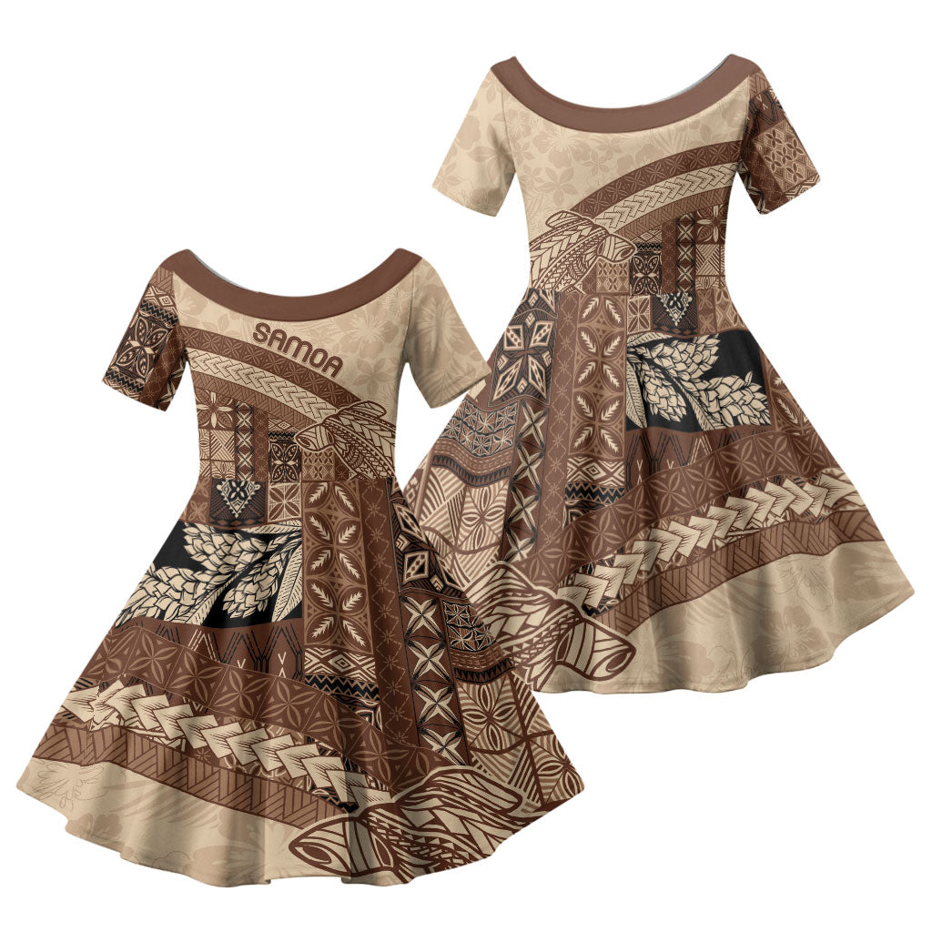 Samoa Mamanu Siapo Mocha Family Matching Short Sleeve Bodycon Dress and Hawaiian Shirt Tatau Malie LT7 Daughter's Dress Beige - Polynesian Pride