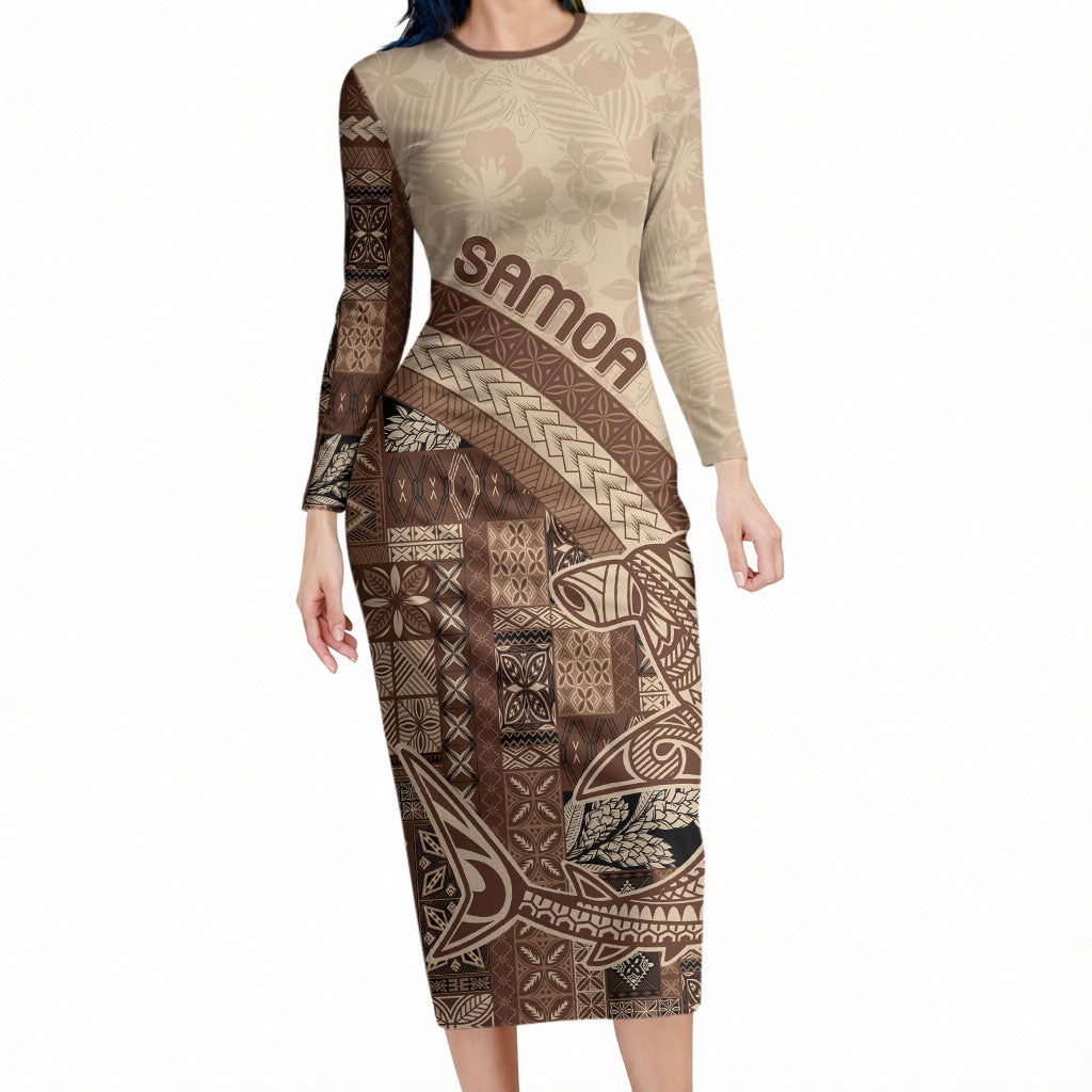 Samoa Mamanu Siapo Mocha Long Sleeve Bodycon Dress Tatau Malie LT7 Long Dress Beige - Polynesian Pride