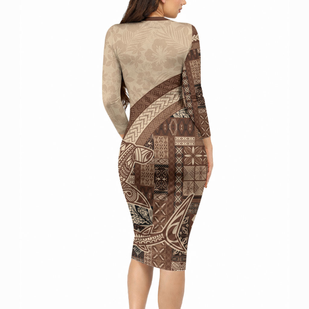 Samoa Mamanu Siapo Mocha Long Sleeve Bodycon Dress Tatau Malie LT7 - Polynesian Pride