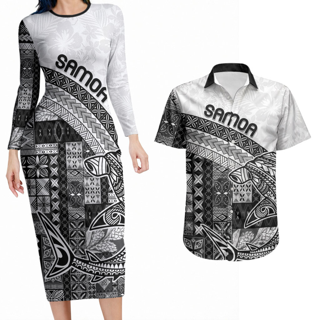 Samoa Mamanu Siapo Classic Black Couples Matching Long Sleeve Bodycon Dress and Hawaiian Shirt Tatau Malie LT7 Black - Polynesian Pride