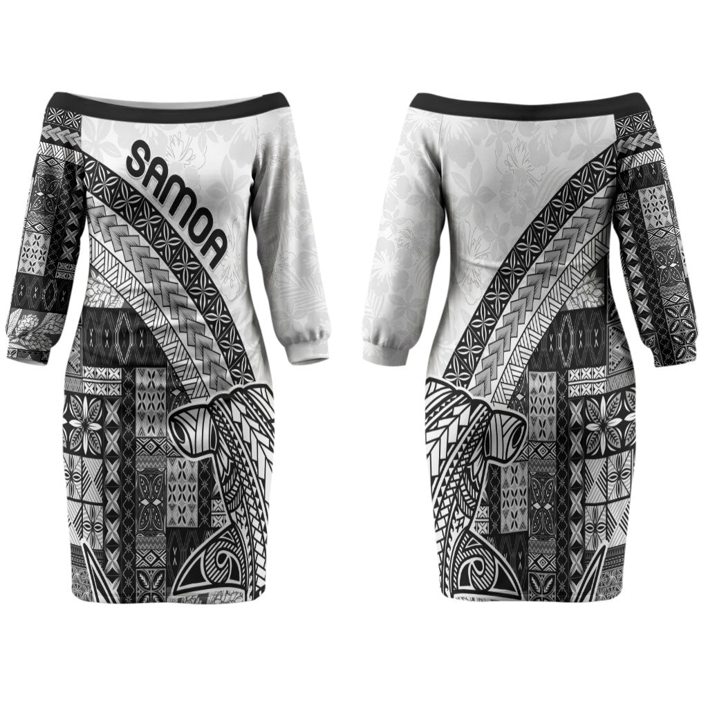 Samoa Mamanu Siapo Classic Black Family Matching Off The Shoulder Long Sleeve Dress and Hawaiian Shirt Tatau Malie