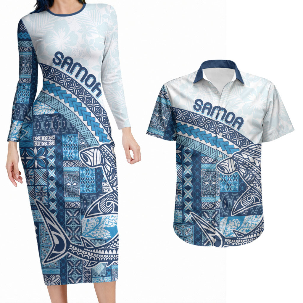 Samoa Mamanu Siapo Royal Blue Couples Matching Long Sleeve Bodycon Dress and Hawaiian Shirt Tatau Malie LT7 Royal Blue - Polynesian Pride