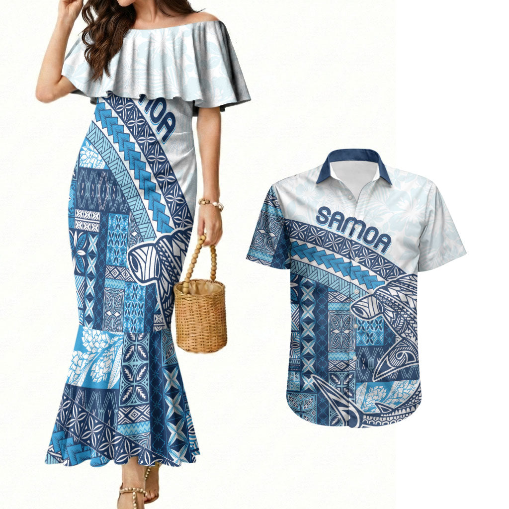 Samoa Mamanu Siapo Royal Blue Couples Matching Mermaid Dress and Hawaiian Shirt Tatau Malie