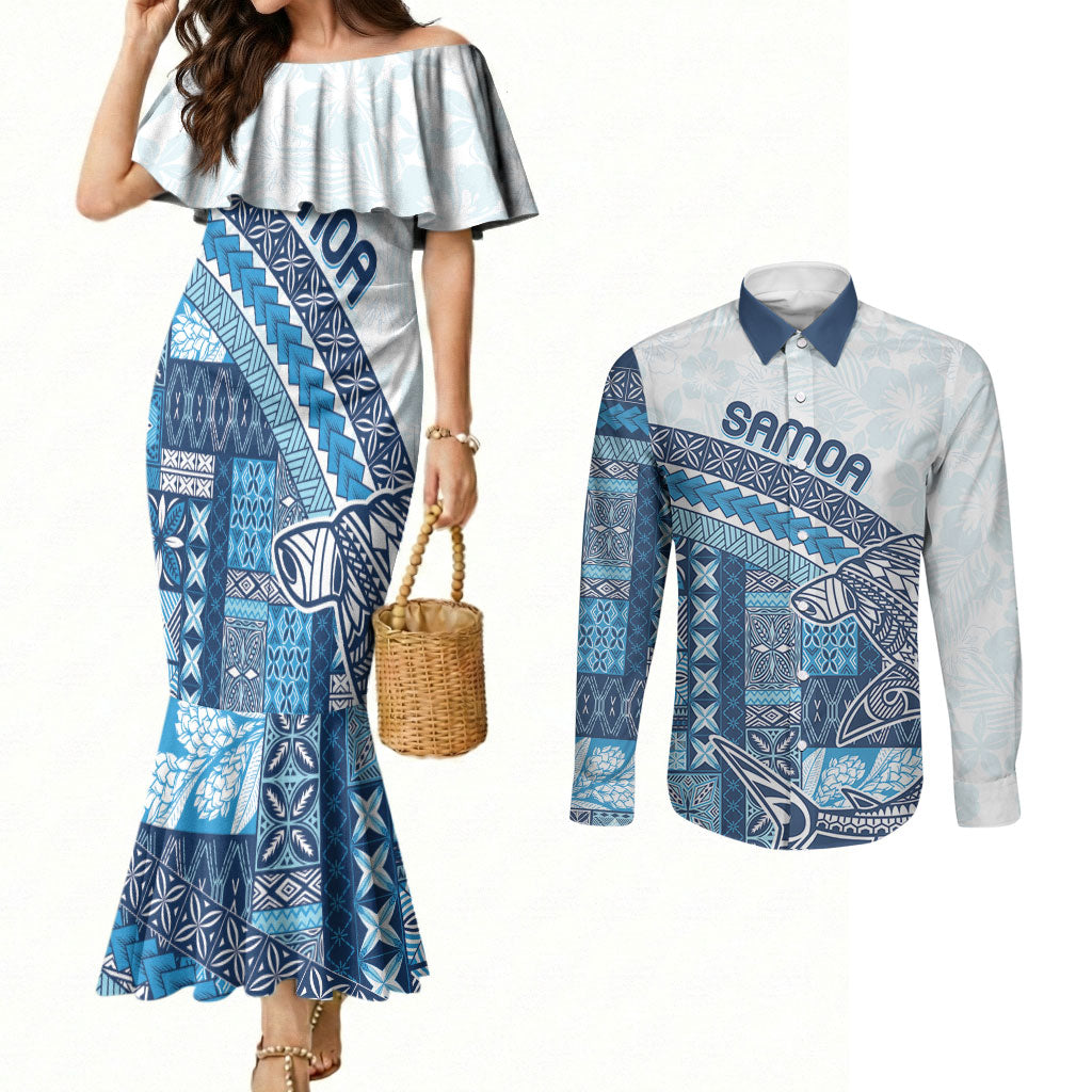 Samoa Mamanu Siapo Royal Blue Couples Matching Mermaid Dress and Long Sleeve Button Shirt Tatau Malie
