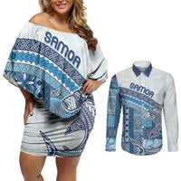 Samoa Mamanu Siapo Royal Blue Couples Matching Off Shoulder Short Dress and Long Sleeve Button Shirt Tatau Malie