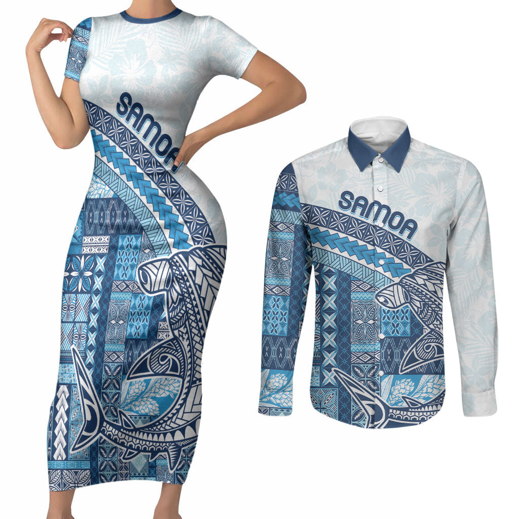 Samoa Mamanu Siapo Royal Blue Couples Matching Short Sleeve Bodycon Dress and Long Sleeve Button Shirt Tatau Malie