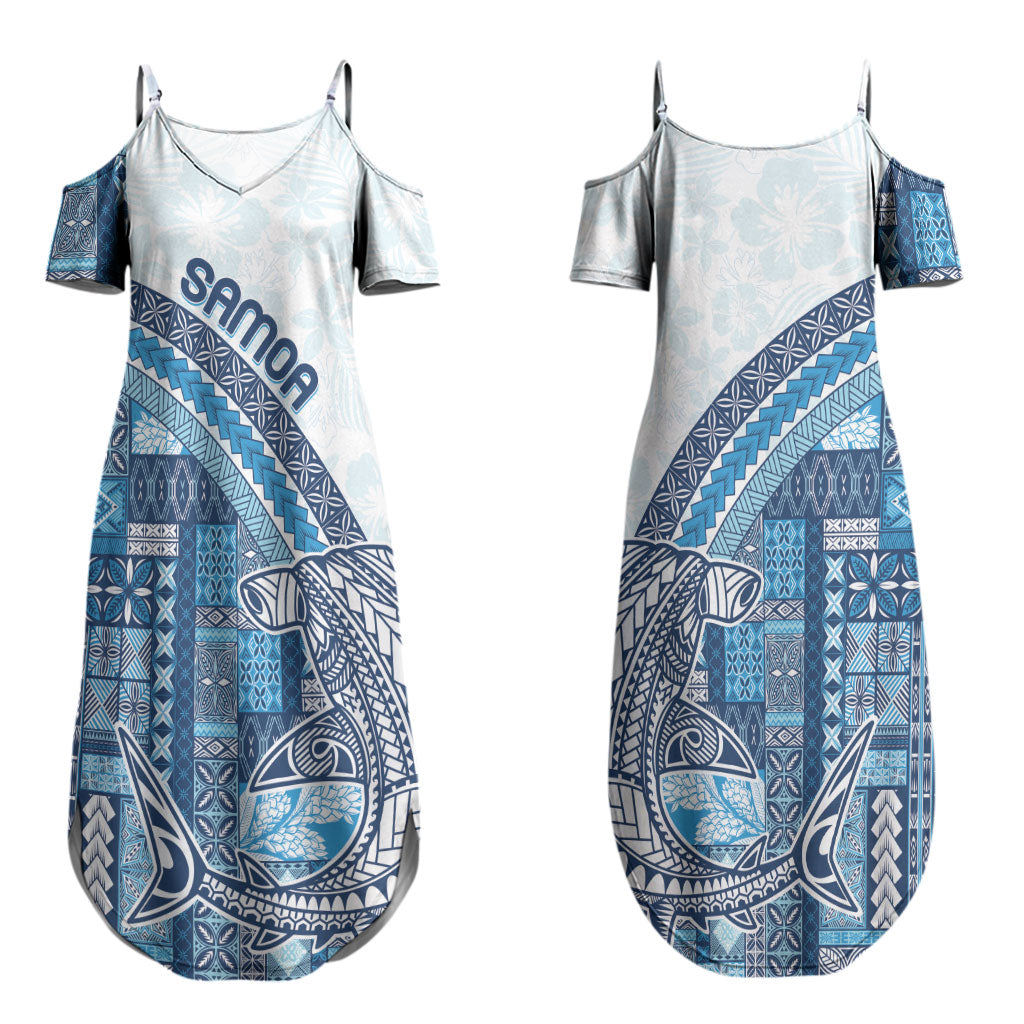 Samoa Mamanu Siapo Royal Blue Couples Matching Summer Maxi Dress and Long Sleeve Button Shirt Tatau Malie