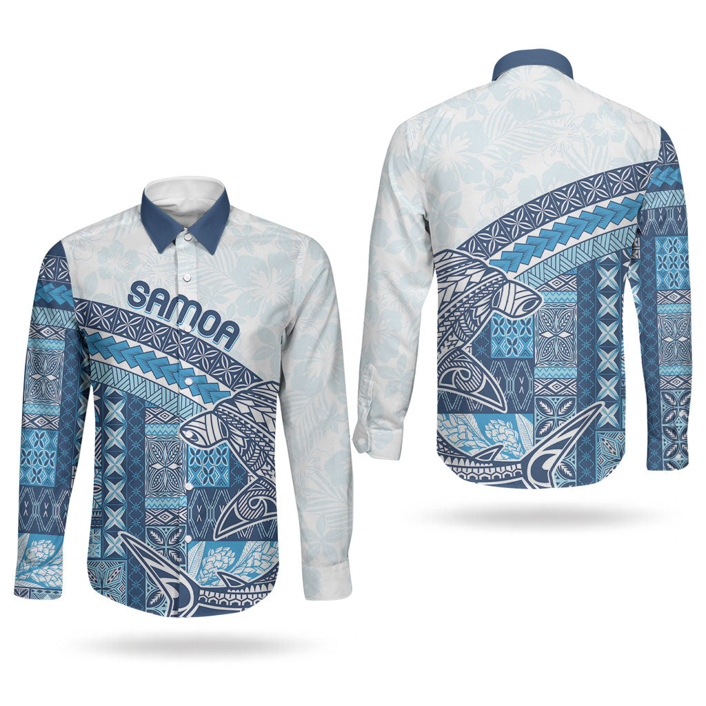 Samoa Mamanu Siapo Royal Blue Couples Matching Tank Maxi Dress and Long Sleeve Button Shirt Tatau Malie