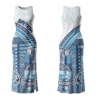 Samoa Mamanu Siapo Royal Blue Couples Matching Tank Maxi Dress and Long Sleeve Button Shirt Tatau Malie