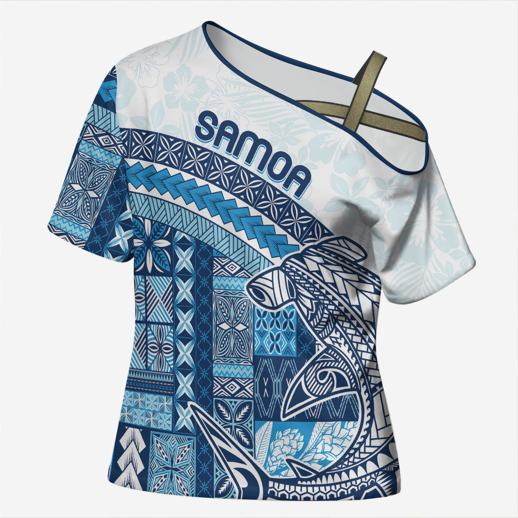 Samoa Mamanu Siapo Royal Blue Cross Shoulder Shirt Tatau Malie