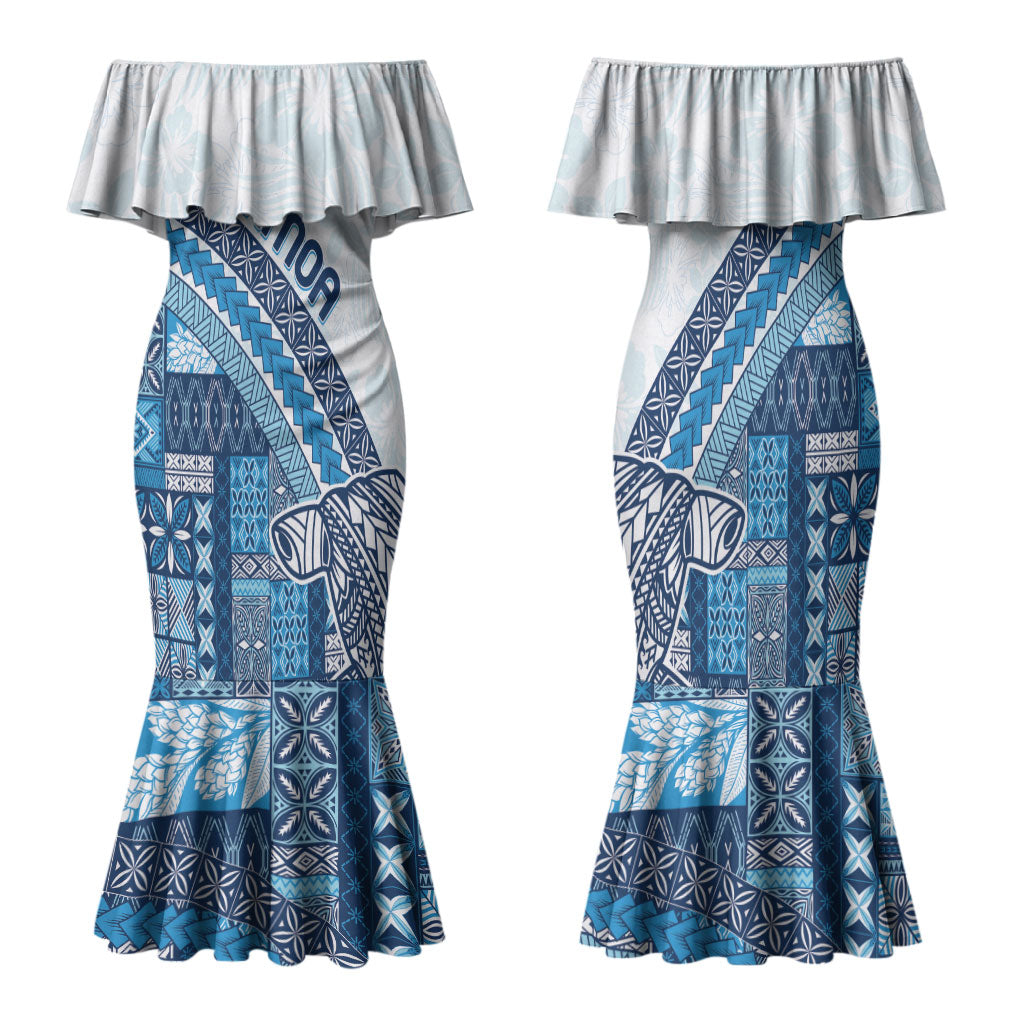 Samoa Mamanu Siapo Royal Blue Family Matching Mermaid Dress and Hawaiian Shirt Tatau Malie LT7 Mom's Dress Royal Blue - Polynesian Pride