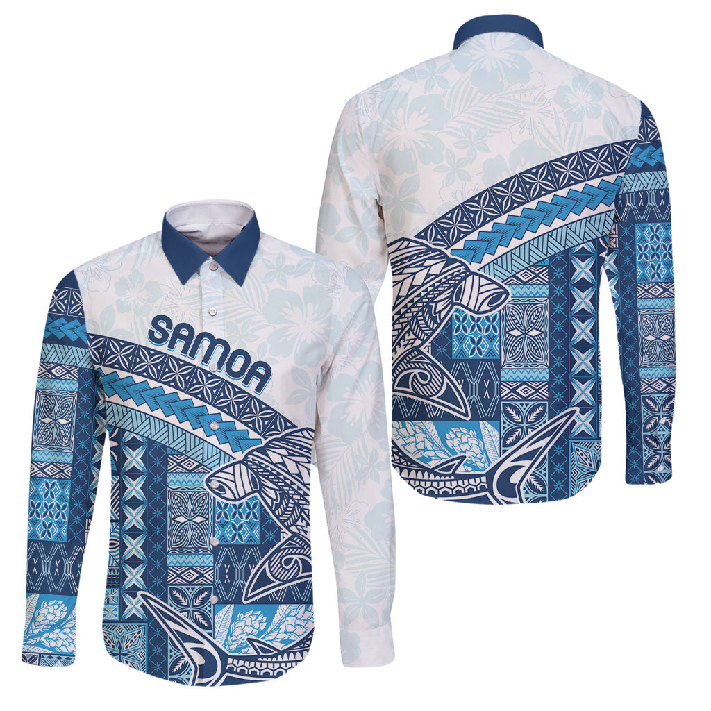 Samoa Mamanu Siapo Royal Blue Family Matching Mermaid Dress and Hawaiian Shirt Tatau Malie LT7 Dad's Shirt - Long Sleeve Royal Blue - Polynesian Pride