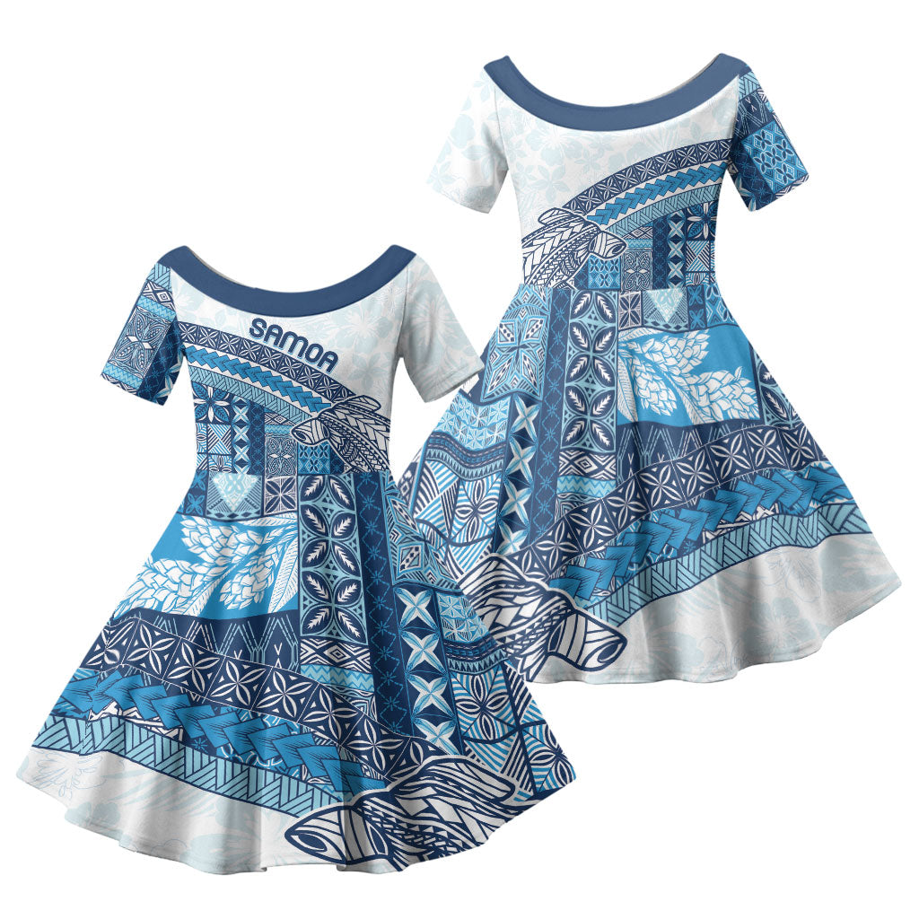 Samoa Mamanu Siapo Royal Blue Family Matching Mermaid Dress and Hawaiian Shirt Tatau Malie LT7 Daughter's Dress Royal Blue - Polynesian Pride