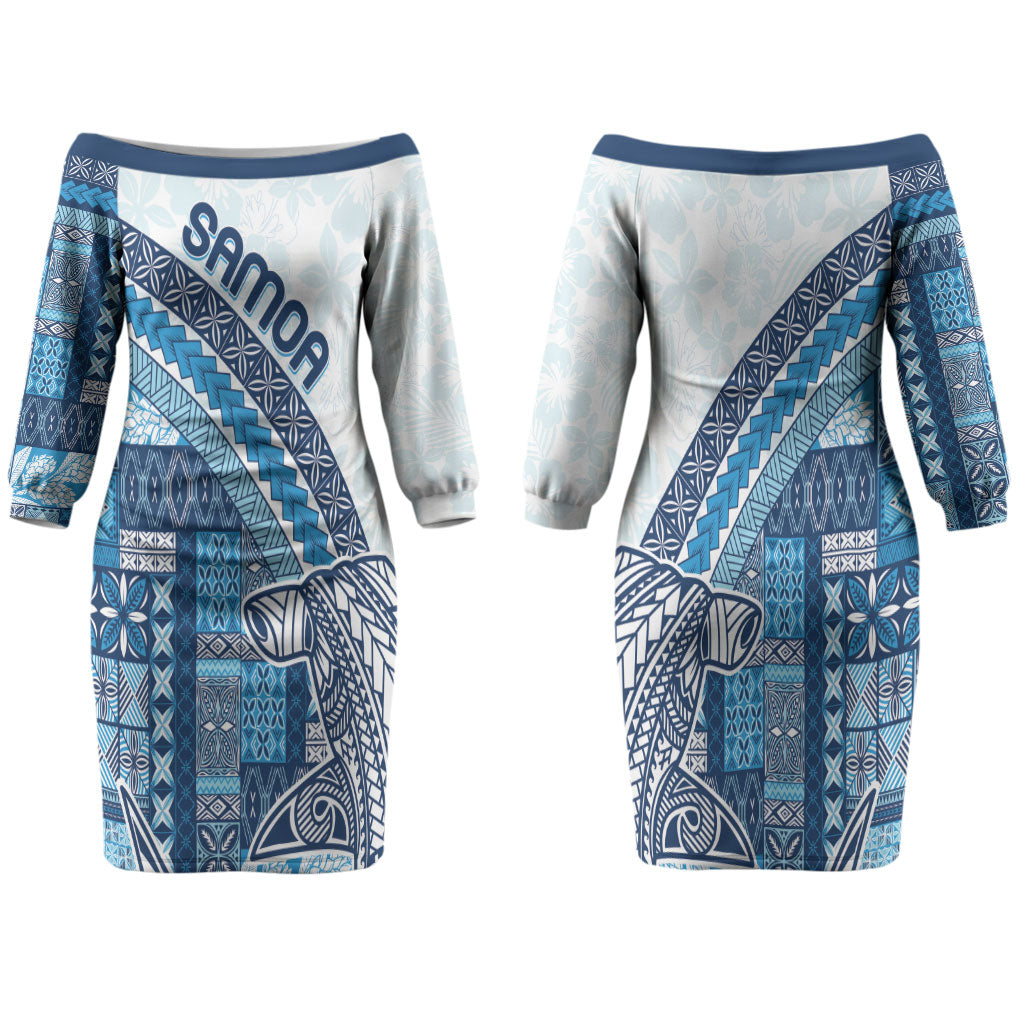 Samoa Mamanu Siapo Royal Blue Family Matching Off The Shoulder Long Sleeve Dress and Hawaiian Shirt Tatau Malie