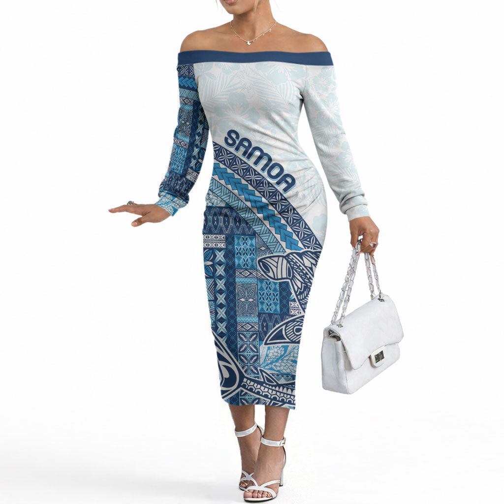 Samoa Mamanu Siapo Royal Blue Off The Shoulder Long Sleeve Dress Tatau Malie