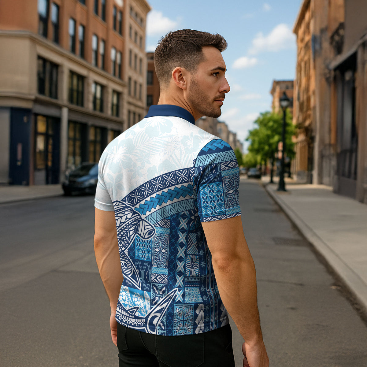 Samoa Mamanu Siapo Royal Blue Zipper Polo Shirt Tatau Malie LT7 - Polynesian Pride