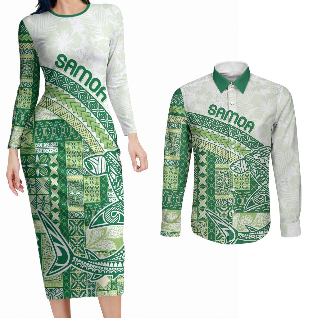 Samoa Mamanu Siapo Forest Green Couples Matching Long Sleeve Bodycon Dress and Long Sleeve Button Shirt Tatau Malie
