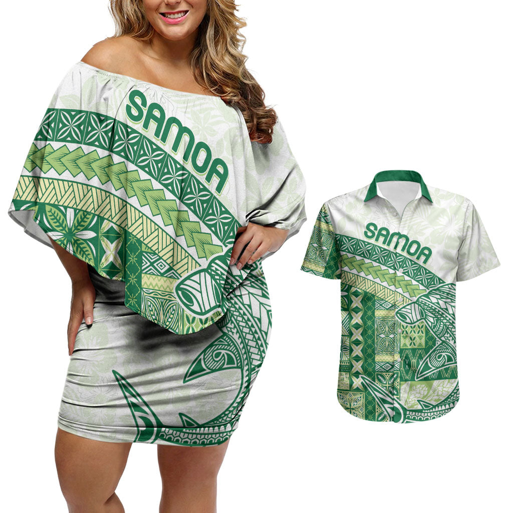 Samoa Mamanu Siapo Forest Green Couples Matching Off Shoulder Short Dress and Hawaiian Shirt Tatau Malie
